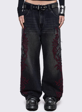 Minga 朋克亚文化 水洗黑色 红色符文刺绣/铆钉 宽松阔腿牛仔裤