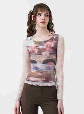 Sixthdimension Y2K动物园手绘图案蕾丝拼接袖长袖