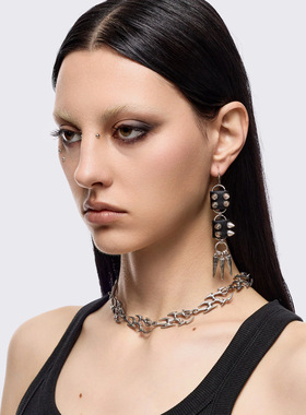 Minga 新品哥特朋克风 尖刺/pu皮设计 做旧银色 银质钩扣吊坠耳环