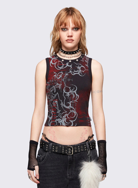 Minga新品美式朋克 黑红抽象印花图案 短裤圆领修身无袖背心上衣