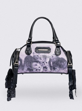 Minga新品 亚文化y2k 可爱猫咪黑色蕾丝系带装饰 双手柄保龄球包