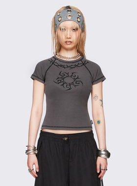 Minga 新品亚文化y2k 太阳花荆棘图案 短款修身圆领短袖T恤上衣