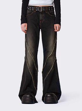 Minga 秋冬复古Y2K水洗黑色套染 做旧毛边设计自然腰微喇牛仔长裤