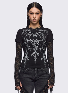 Minga新品 朋克摇滚印花图案 蕾丝拼接袖 短款修身假两件长袖上衣