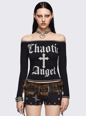 Minga新品 哥特暗黑 chaotic angle十字架印花 修身露肩短款长袖
