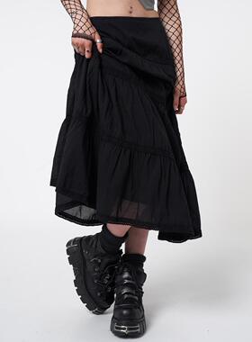 Minga新品美式复古黑色Y2K蕾丝边双层中腰a型半裙蛋糕长裙