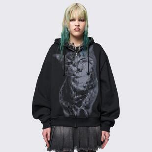 Minga 新品 美式复古像素猫咪 oversized宽松连帽拉链卫衣外套