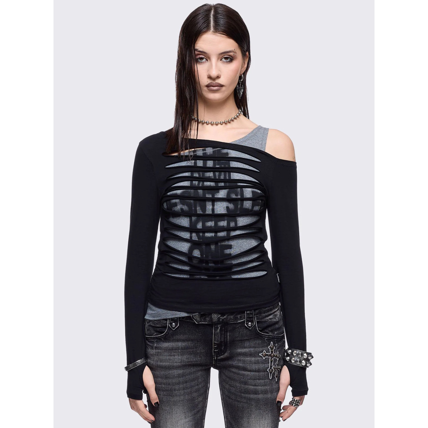 Minga亚文化黑灰叠层长袖上衣tee