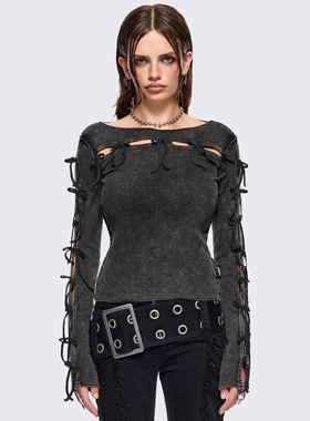 Minga新品 美式复古水洗色罗纹 蝴蝶结镂空设计 修身短款长袖上衣