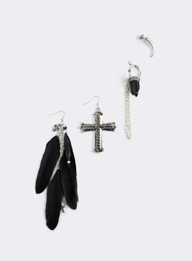 Minga新品 亚文化哥特风 黑色羽毛/十字架设计 耳环耳挂耳钉套装