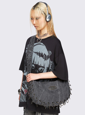 Minga新品 亚文化y2k 水洗灰色 孔眼O形边缘装饰 单肩斜挎包