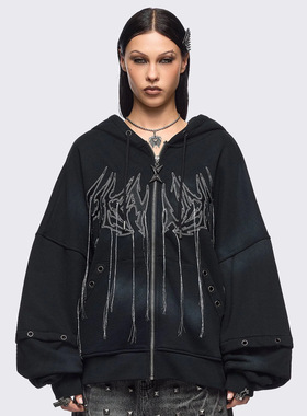 Minga 亚文化水洗黑色/灰色多层刺绣图案 兔子耳朵连帽拉链外套