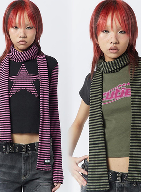 Minga秋季新皮美式复古Y2K绿黑色条纹拼接棉围巾配饰