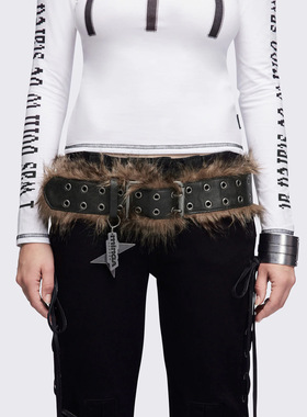 Minga 朋克Y2k 双索环方扣设计 人造皮草毛装饰边 可调节皮带腰带