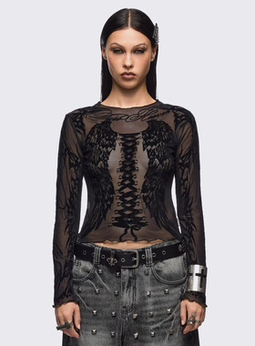 Minga新品 暗黑哥特 羽翼系带绒面图案 网眼网纱修身短款长袖上衣