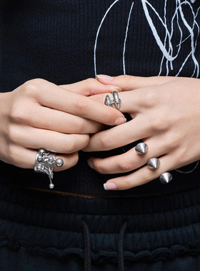 Minga新品 亚文化朋克 做旧银色 穿孔/尖刺设计图案 戒指组合套装