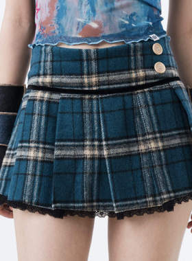 Sixthdimension 复古Y2K海军蓝格子 内置短裤裙短裙