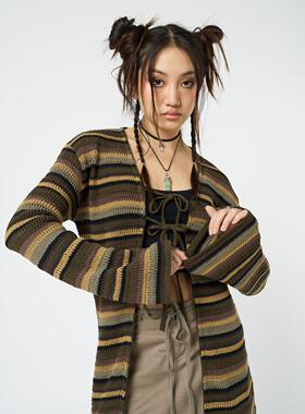 Minga春季新品美式复古棕绿色条纹拼系带中长款针织长袖开衫外套