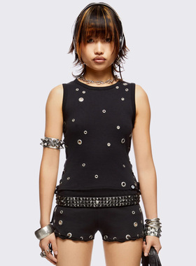 Minga 亚文化哥特风 银色孔眼侧边系带设计 圆领短款修身无袖背心