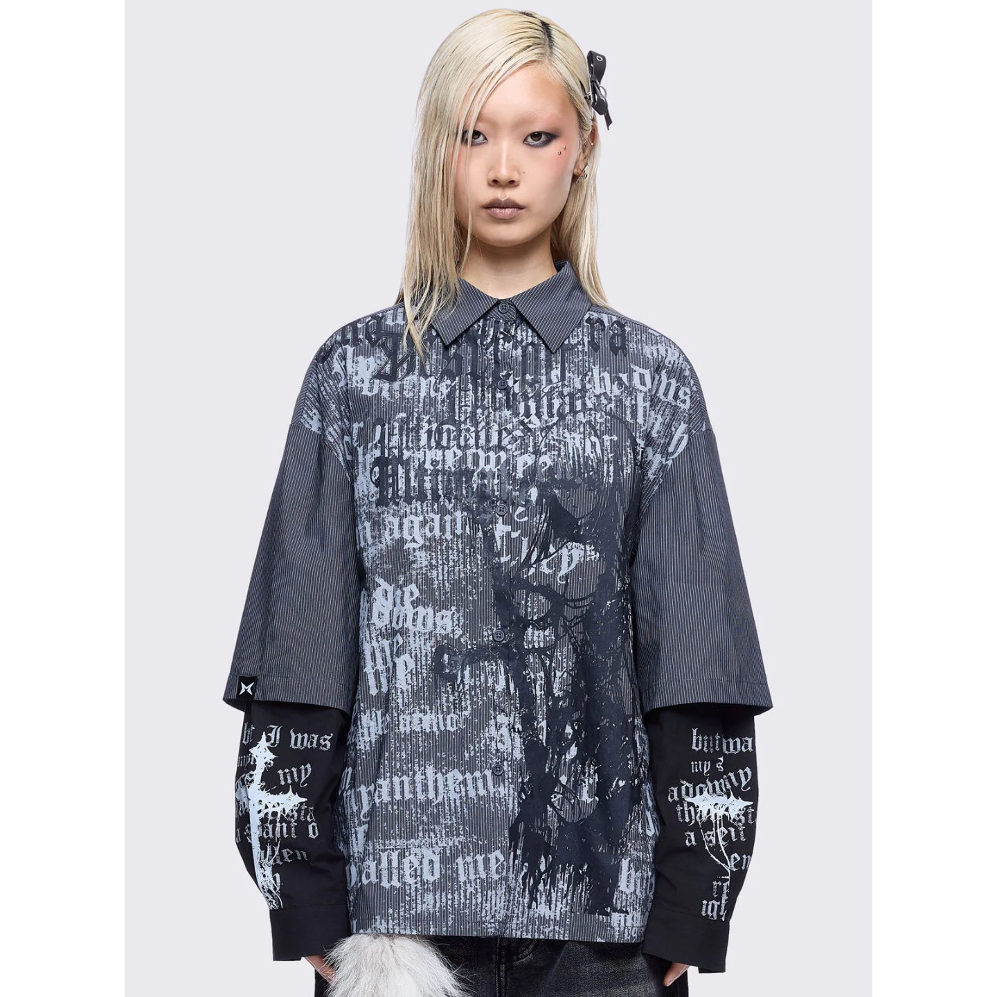 Minga亚文化条纹假两件长袖衬衫