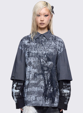 Minga 亚文化朋克 深灰色竖条纹 女孩字母图案假两件叠穿长袖衬衫