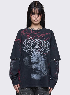 Minga暗黑朋克水洗黑色复古印花图案 铆钉叠层宽松假两件长袖上衣