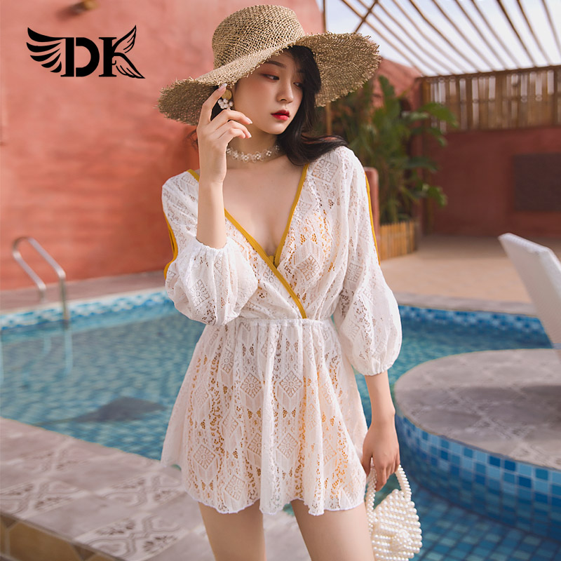 DK泳衣女新款小胸聚拢分体蕾丝罩衫比基尼三件套韩国温泉度假泳装