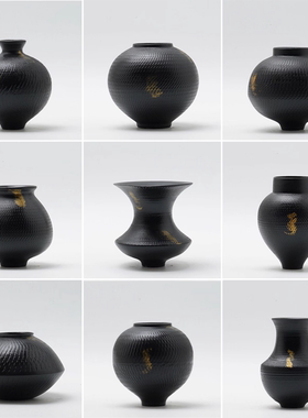 新中式创意黑色小陶瓷家居客厅插花花瓶玄关电视柜酒柜摆设装饰品