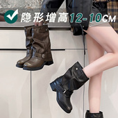 内增高马丁靴10CM气质方头堆堆裤 小个子真皮短靴 管靴女2025秋冬季