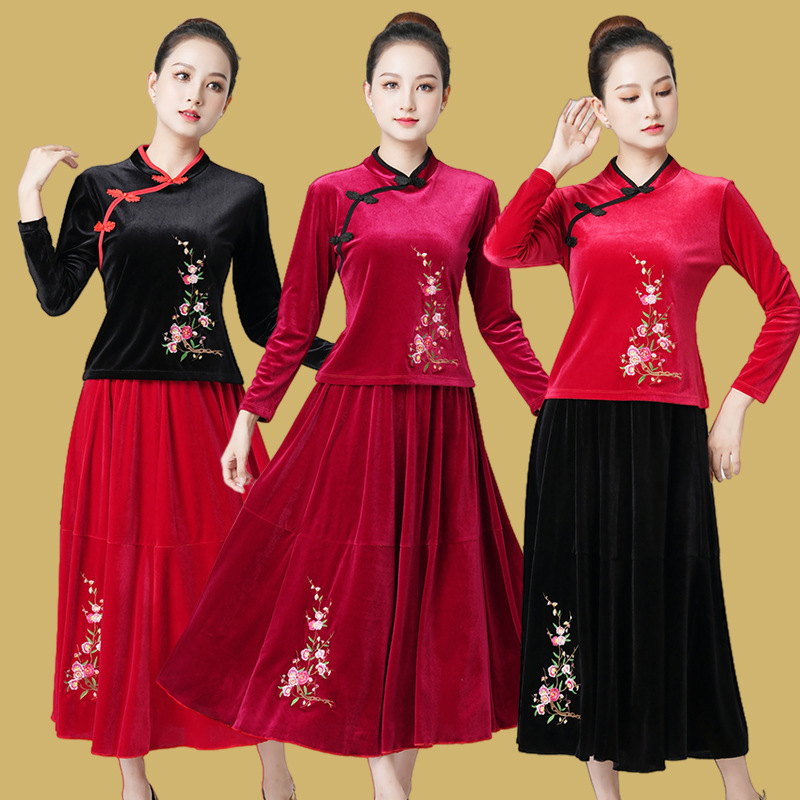 GT9216金丝绒长袖绣花广场舞服装套装中老年秋冬舞蹈服跳舞衣服