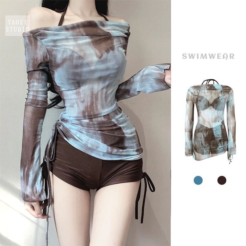 比基尼三件套分体式泳装网纱长袖纯欲风遮肚超仙新款扎染露肩显