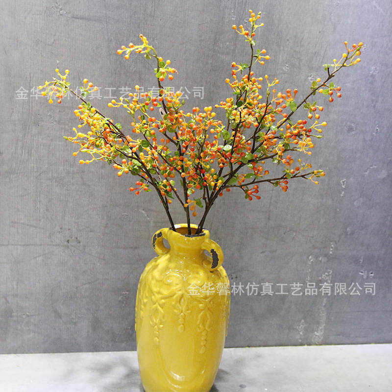 多叉橘黄色荆棘果仿真果子枝家居饰品火棘果山野塑料花发财果