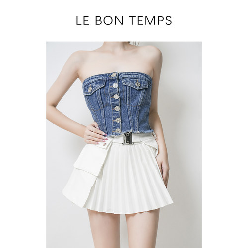 【LE BON TEMPS &初春款】欧美风牛仔排扣抹胸背心c800907