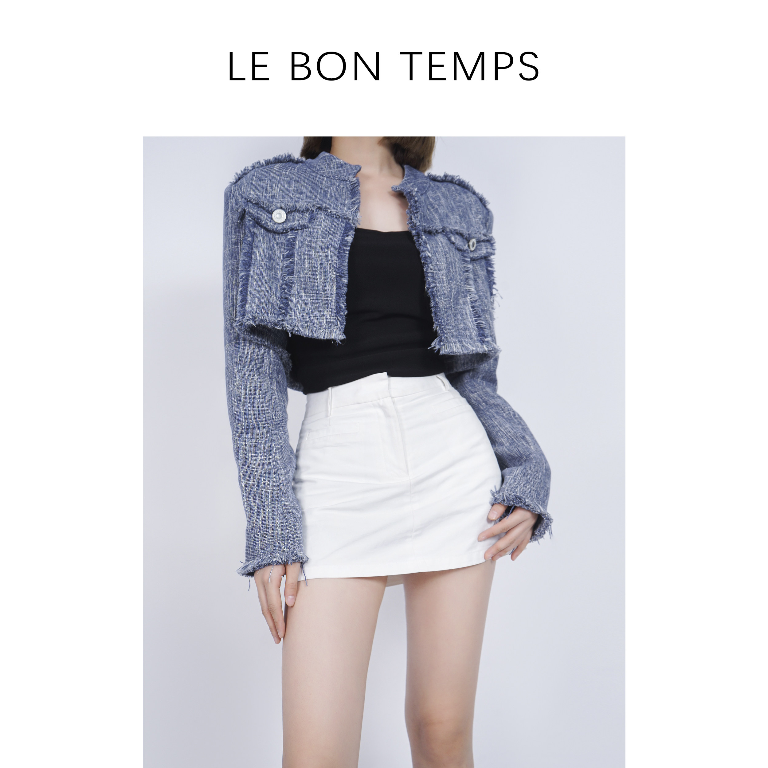 【LE BON TEMPS】小香风牛仔蓝无扣短款设计感毛边短外套c801103