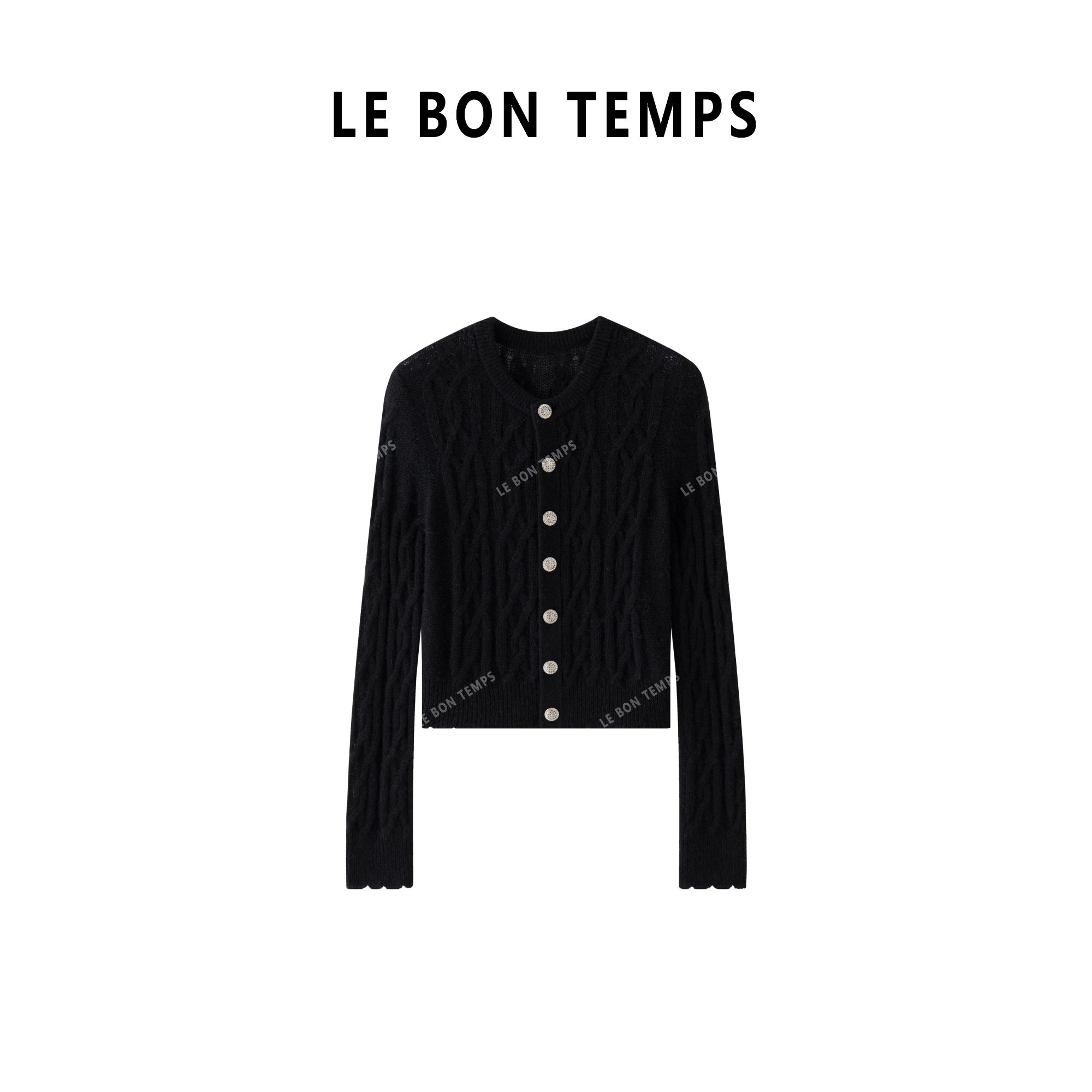 【LE BON TEMPS】秋季新款圆领麻花花边长袖针织开衫c801359