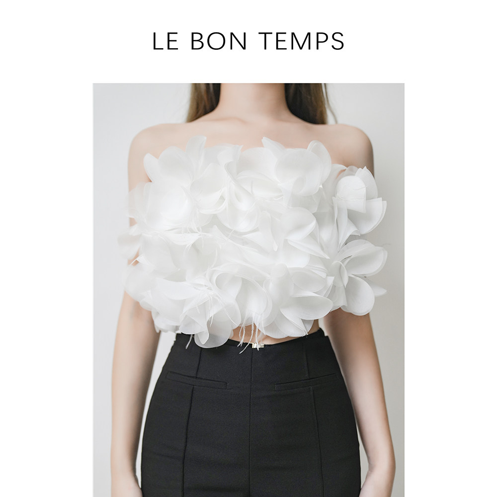 【LE BON TEMPS &初春款】法式羽毛抹胸短款上衣c800813