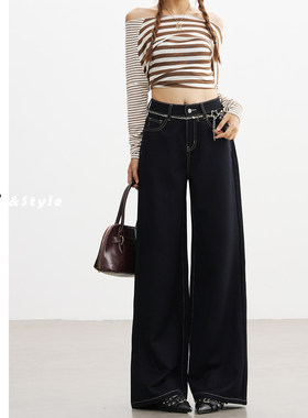 日本offcat三防藏蓝色阔腿牛仔裤女2025秋冬新款美式高腰垂感宽松