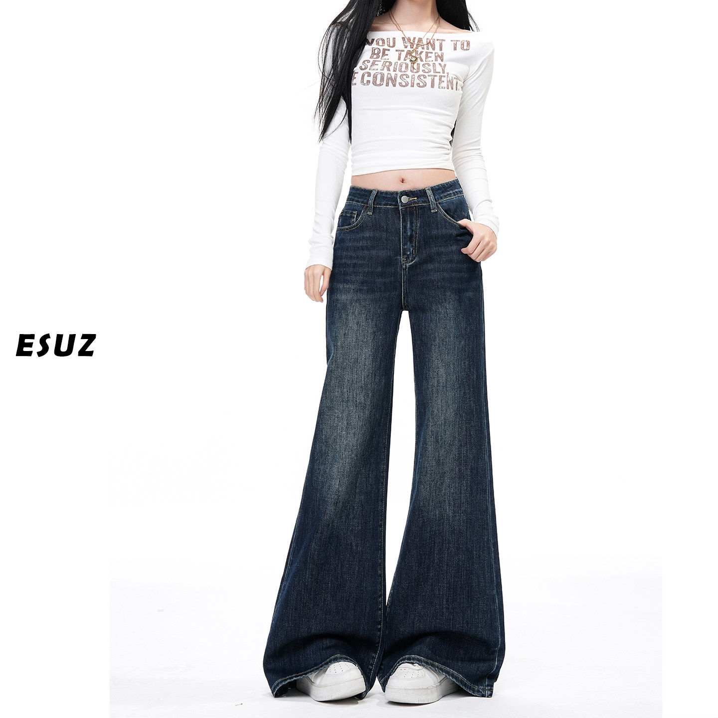 日本offcat深蓝色阔腿微喇牛仔裤女秋冬新款爆款美式复古宽松不贴