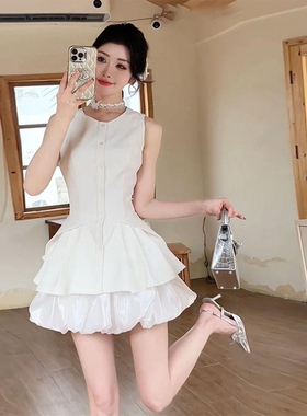 日本offcat白色收腰显瘦套装女2025夏无袖气质马甲连衣裙两件套小