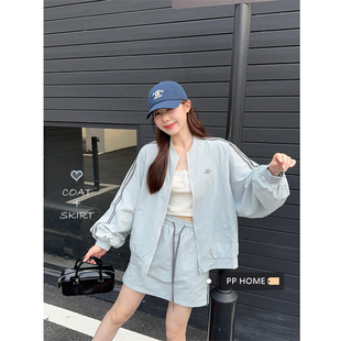 日本offcat运动风套装女秋季蓝色字母刺绣宽松棒球服外套半身裙两