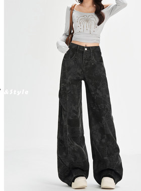 日本offcat黑灰色弯刀工装牛仔裤女2025秋冬新款阔腿宽松显瘦印花