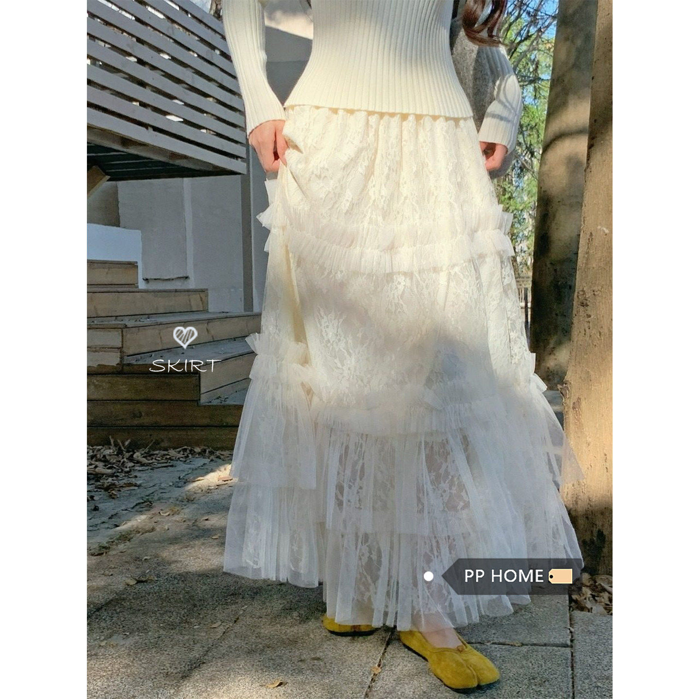 日本offcat甜美温柔杏色荷叶边蕾丝拼接蛋糕裙女秋冬高腰显瘦长款