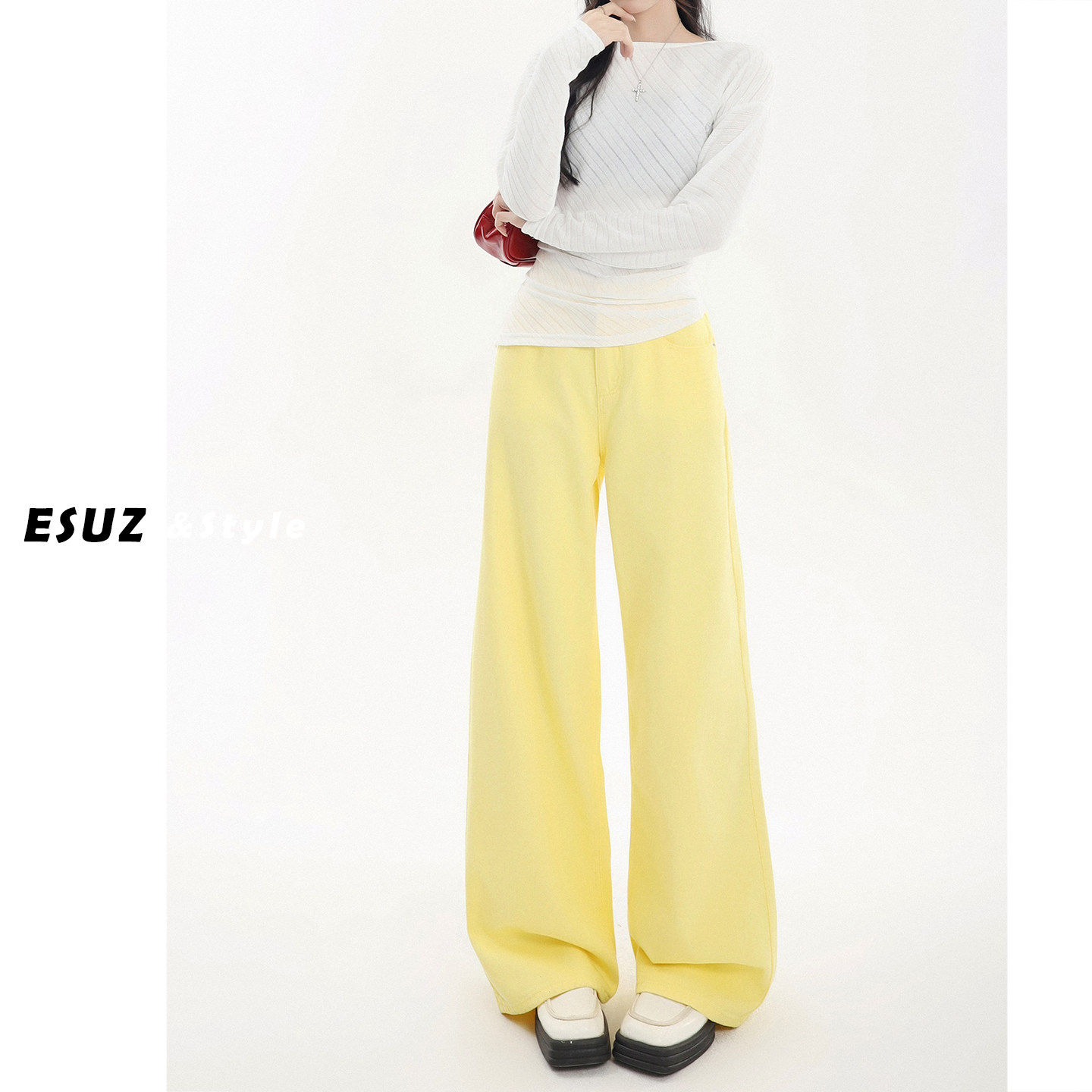 日本offcat多巴胺黄色阔腿牛仔裤女秋冬新款加绒高腰宽松bf慵懒风