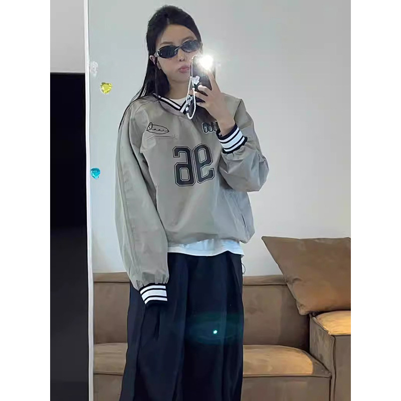 日本offcat美式jennie同款上衣印花刺绣棒球服感球衣式V领卫衣女