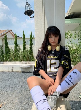 P Pouvoir美式黑色v领印花宽松百搭短袖球衣T恤街头运动休闲上衣