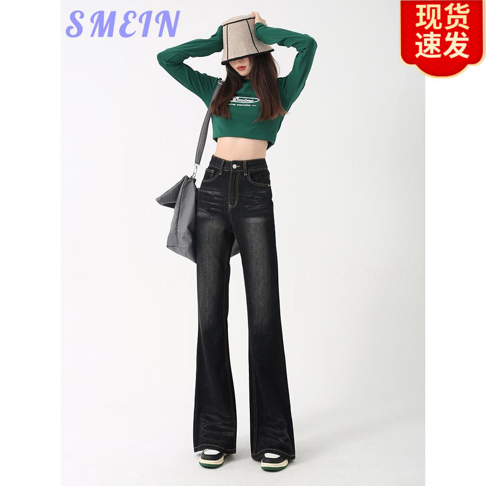 日本offcat美式复古水洗黑色微喇叭牛仔裤女设计感高街高腰显瘦阔