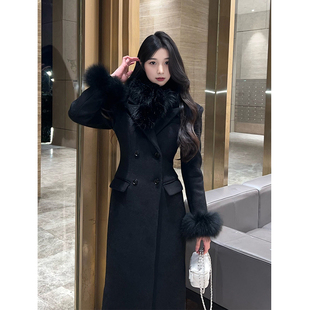 日本offcat黑色显瘦掐腰大衣2024冬季新款加厚双排扣毛领收腰中长