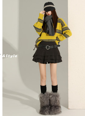 日本offcat灰色荷叶边毛呢半身裙女秋冬2025新款防走光高腰a字包