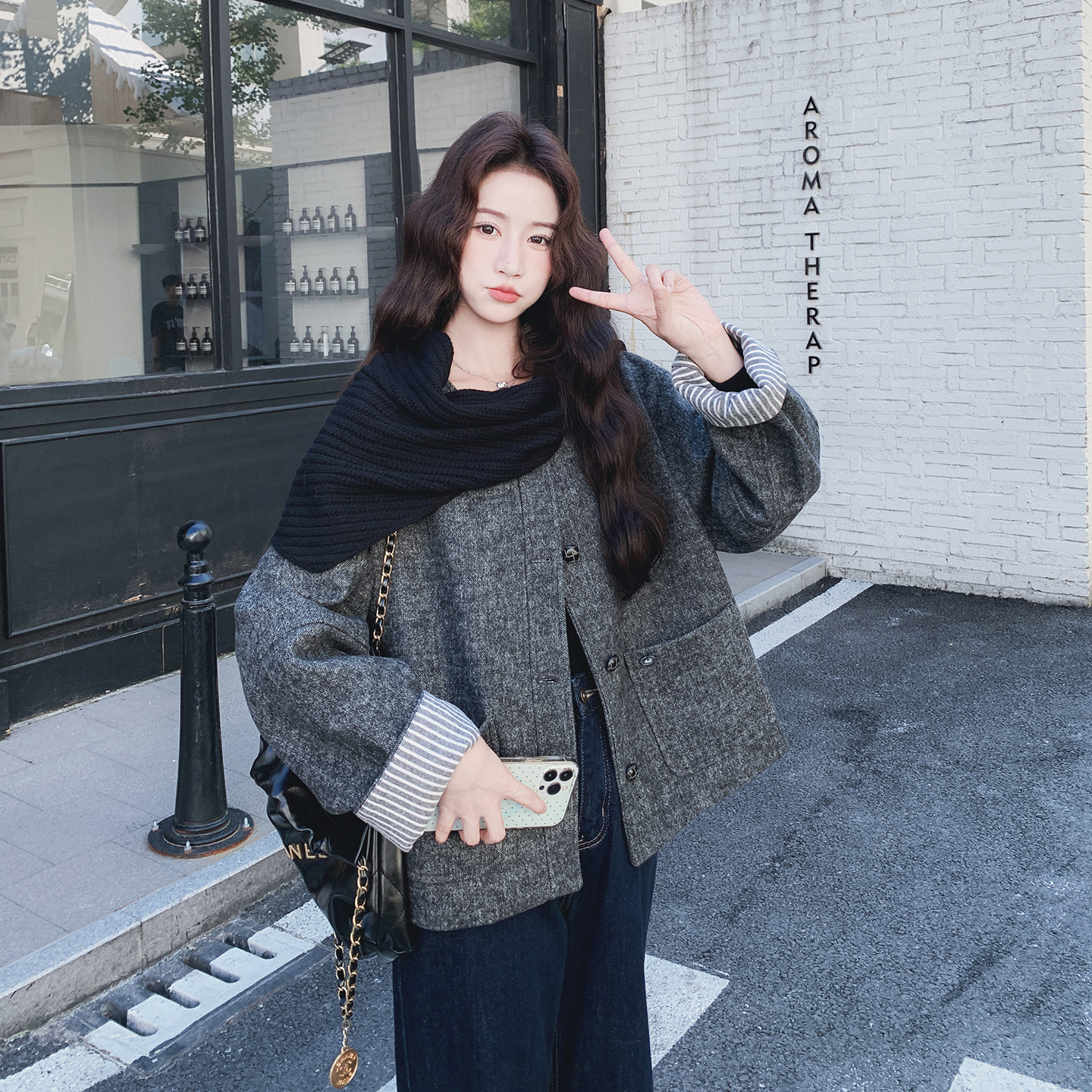 日本offcat高级感灰色短款条纹拼接毛呢外套女冬季新款2025巨好看