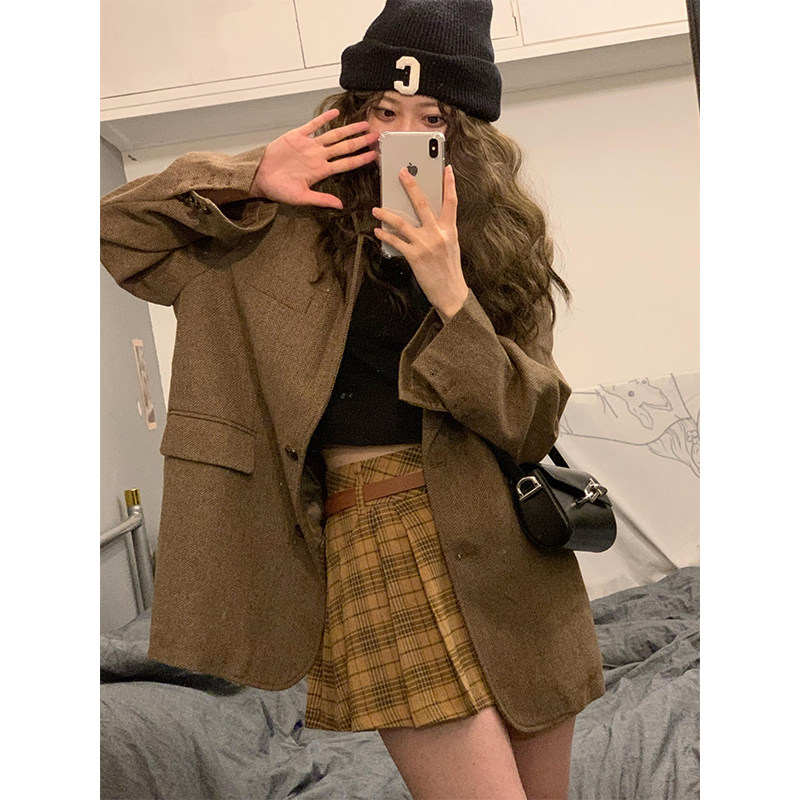 日本offcat咖色毛呢小西装外套女2024冬季新款小个子短款加厚呢子